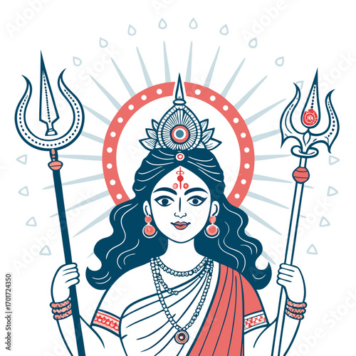 Radiant Goddess Durga holding trishul weapon, powerful divine feminine energy for spiritual celebrations