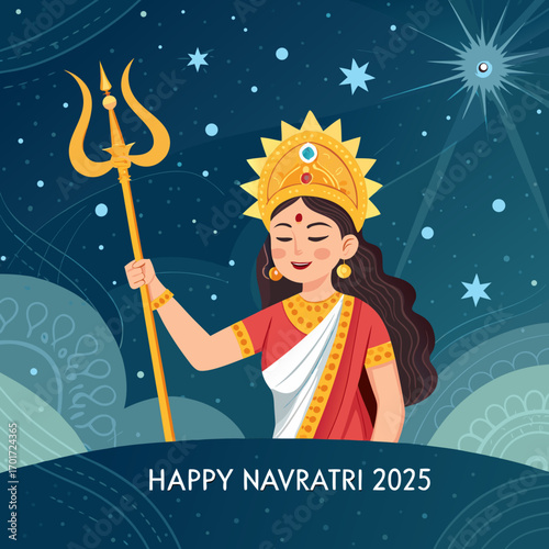 Divine Goddess Durga holding trident blesses devotees during auspicious Navratri festival celebration