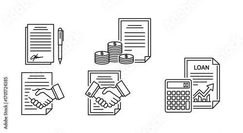 Handshake agreement with loan documents calculator and coins representing financial success vector