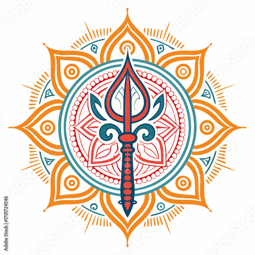 Vibrant Om symbol and Trishul design radiates spiritual power and cultural richness