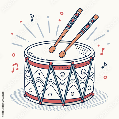 Joyful drum with sticks and musical notes creates vibrant celebration atmosphere