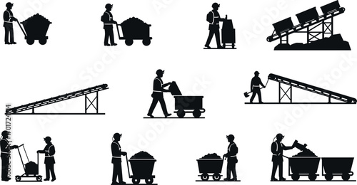 Coal mining workers silhouettes with carts, conveyor belts, tools, equipment, and industrial process for underground mining and mineral extraction.