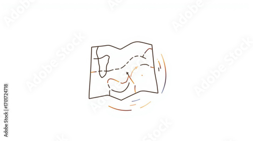 A sketchy, folded map indicating a route for a journey or adventure, isolated on a white background