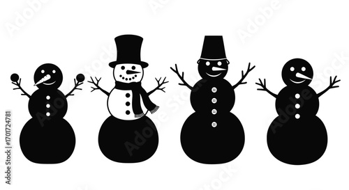 Four festive snowmen characters with hats and scarves celebrating winter holidays vector