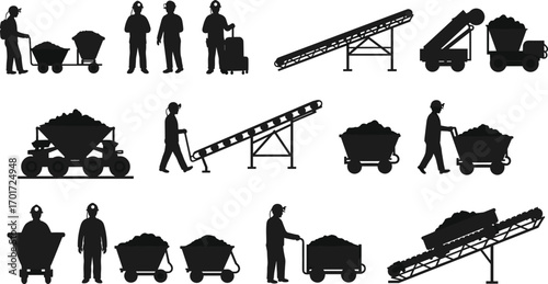 Coal mining industry worker silhouettes with carts, conveyor belts, heavy equipment, and underground transport for extraction, production, and industrial labor.