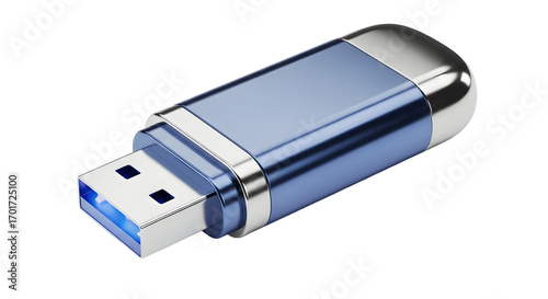 Blue Metal USB Flash Drive with Illuminated Blue Light on White Background