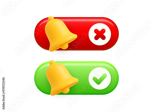 3d notification turn on or off buttons with yellow bells, one in red with a cross for off and one in green with a check for on, isolated on white background. 3d vector illustration. Vector