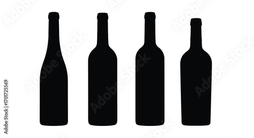 Four silhouette wine bottles collection different shapes and sizes representing alcoholic beverages vector