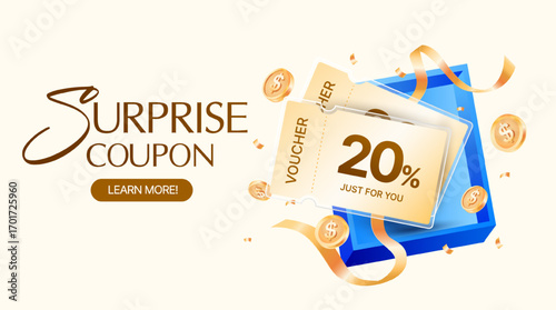 3d elegant coupons above an opened gift box with golden coins and ribbons flying around, isolated on background. Elegant gift vouchers with coupon code, price off banner template in 3d vector. Vector
