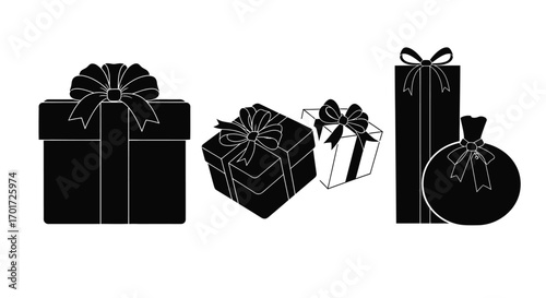 Set of three black silhouettes of gift boxes and bag for celebration and holiday vector