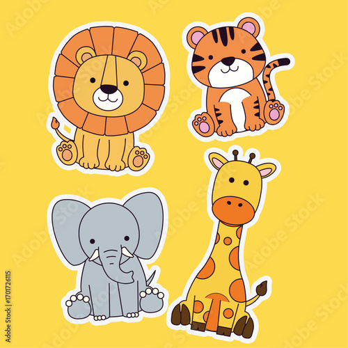 set of animal wildlife character with lion, giraffe, elephant, and tiger