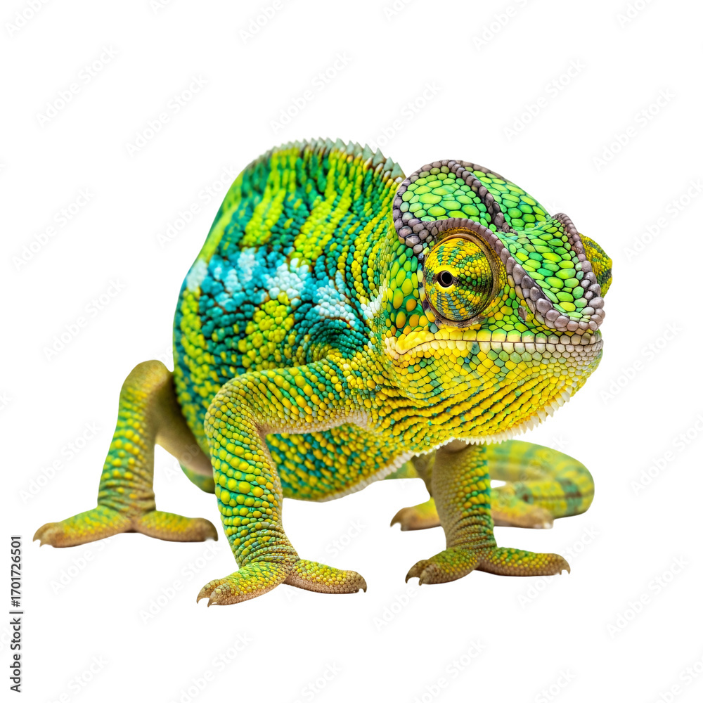 Obraz premium Colorful panther chameleon isolated on transparent background looking at the camera