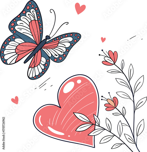 Two delicate butterflies fluttering around a radiant red heart illustration