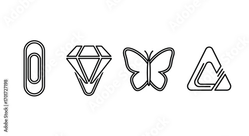 Creative collection of outline icons featuring paperclip diamond butterfly and geometric shapes vector