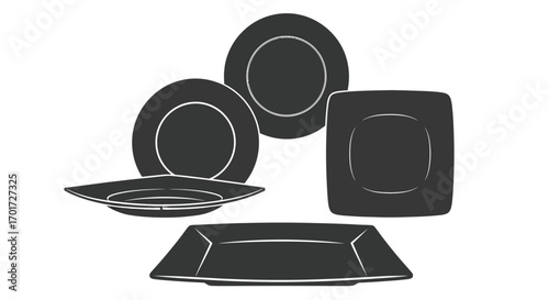 Modern dark gray ceramic dinnerware set with silver trim elegant dishware collection vector