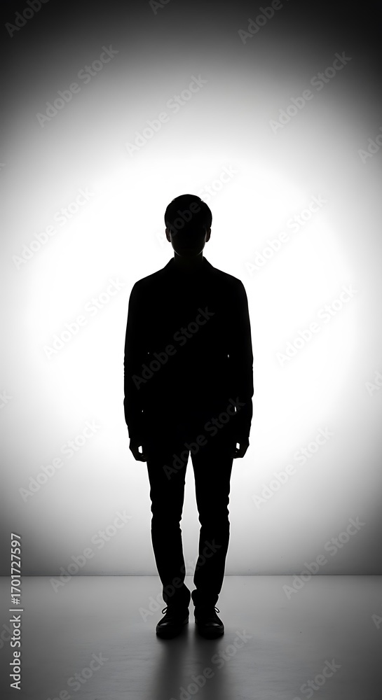 Obraz premium Full body silhouette of an anonymous man standing against a bright white and grey gradient background.