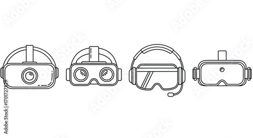 Set of virtual reality vr headsets in different views line art outline style for technology concepts vector