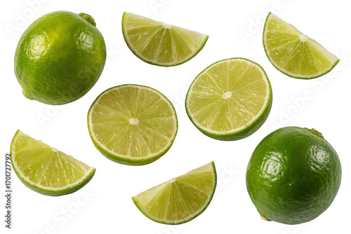 A vibrant collection of limes, including whole limes, lime halves, and lime wedges isolated on transparent background, ideal for cocktails and cuisine