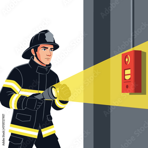 Brave firefighter searching for danger with flashlight, ready to respond to emergency call