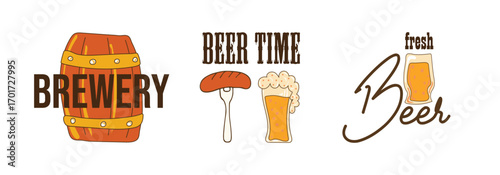 Oktoberfest sticker set. Stickers with beer signs and beer inscriptions. Golden drink. Traditional beer festival. Beer holiday. Vector illustration.