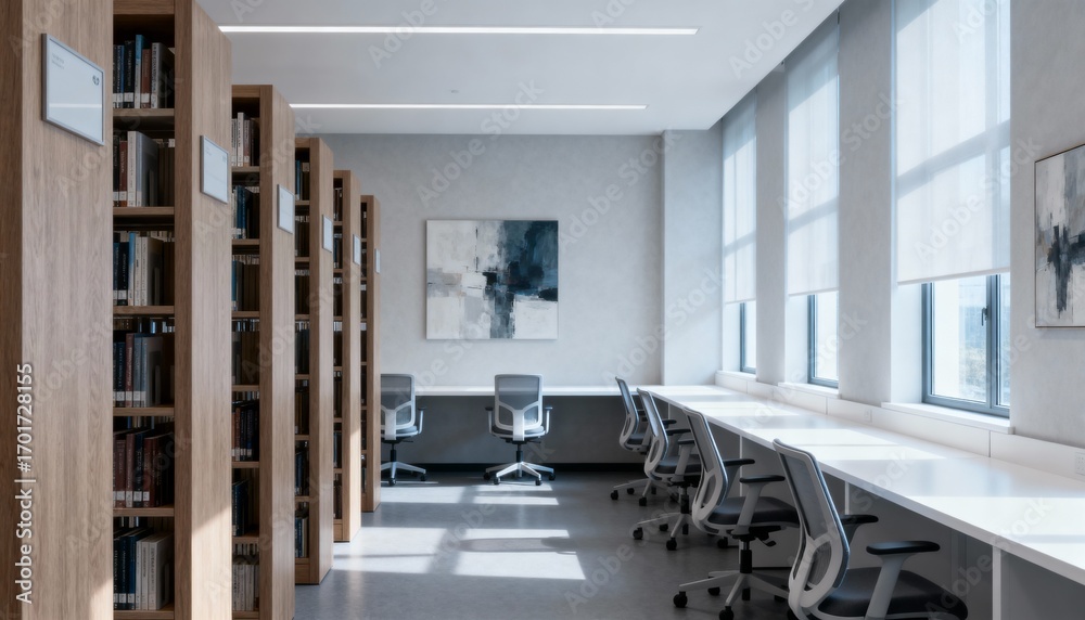 Fototapeta premium Library Interior with Bookshelves and Study Area, Offering a Quiet and Bright Workspace Environment