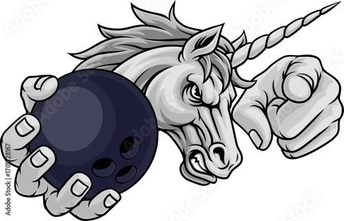 Unicorn horse stallion bowling angry sports team mascot holding a ball.