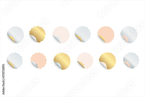 "Realistic blank round and scalloped sticker label collection with golden peel corner effect isolated on white background modern glossy badge tag template for sale promotion branding packaging and adv