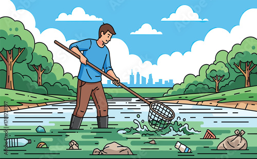 Man Cleaning Waterway from Trash with Net in a Natural Environment