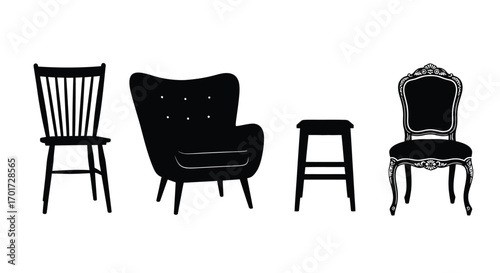 Silhouettes of diverse chairs and armchair showcasing vintage and modern furniture design styles vector