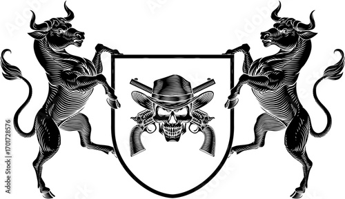 A cowboy skull wearing a cowboy hat with crossed western guns crest coat of arms shield design. In a vintage woodcut style.