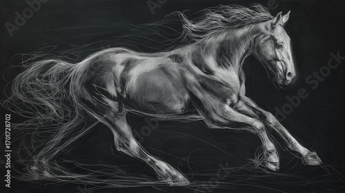 powerful white chalk sketch of a galloping horse