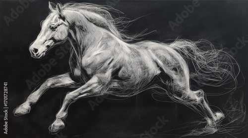 powerful white chalk sketch of a galloping horse