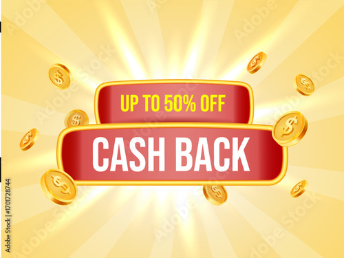 Red cashback promotion vector banner with golden coins fly, isolated on bright background, highlighting Up to 50% Off Cash Back offer. 3d vector illustration. Vector illustration