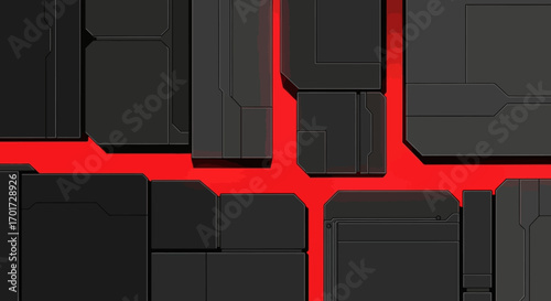Intricate dark geometric surface with glowing red energy lines, creating a futuristic abstract background reminiscent of advanced digital technology and complex data flow
