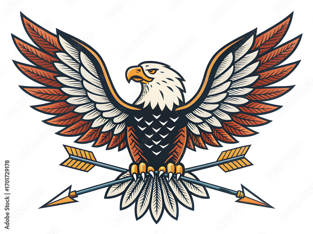 Fototapeta premium Classic Tattoo Flash Design of a Bald Eagle with Spread Wings Holding Crossed Arrows Featuring Red Orange White and Dark Blue Color Palette isolated on a transparent background
