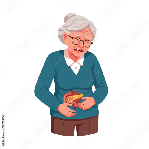 Elderly woman experiencing abdominal pain, indicating pancreatitis, medical illustration