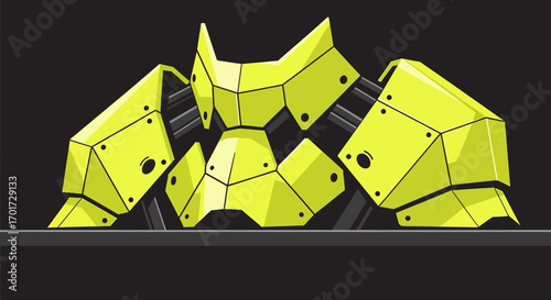Futuristic yellow combat mech torso illustration on a dark background. Powerful robotic armor concept for science fiction and technology