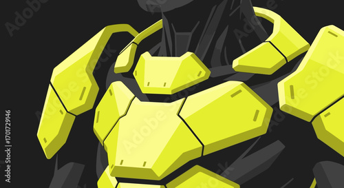 Detailed illustration of a futuristic warrior's torso clad in bright yellow angular combat armor
