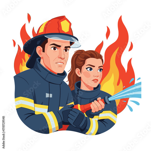 Brave firefighters battling flames, professional heroes saving lives, providing safety and hope.
