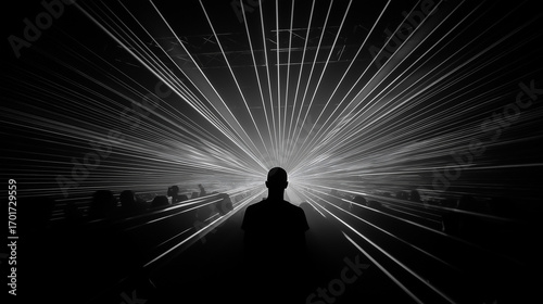 white line art from behind a dancer looking towards the DJ booth in a packed techno club