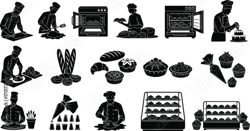 Bakery vector illustration with baker preparing dough, bread oven, cake decoration, cupcake display, pastry shop showcase, and dessert preparation icons.