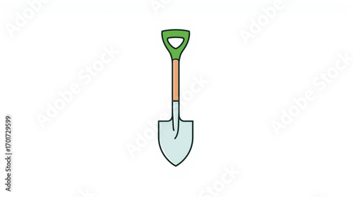 Colorful line art illustration of a garden spade. Simple vector icon representing digging, construction work, and agricultural equipment on a clean white background