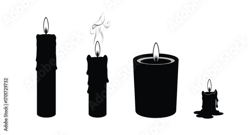 Set of four black candles of various sizes and styles with flickering flames and dripping wax vector