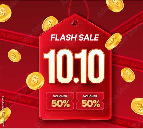 3d red 10.10 Flash sale banner tag template with gift voucher, coupon code, 50% off, isolated background with flying golden coins. October 10 Flash sale coupon banner template in 3d vector. Vector