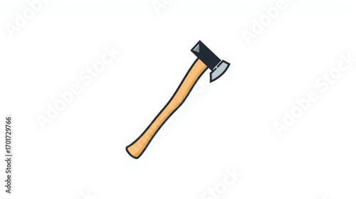 Cartoon style axe icon with a wooden handle and sharp steel blade. Vector illustration of a hatchet tool isolated on a white background for design