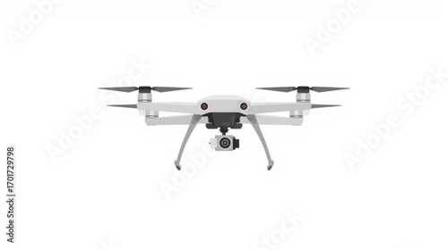 Futuristic remote-controlled quadcopter drone with an integrated camera for professional aerial photography and videography, isolated on a white background