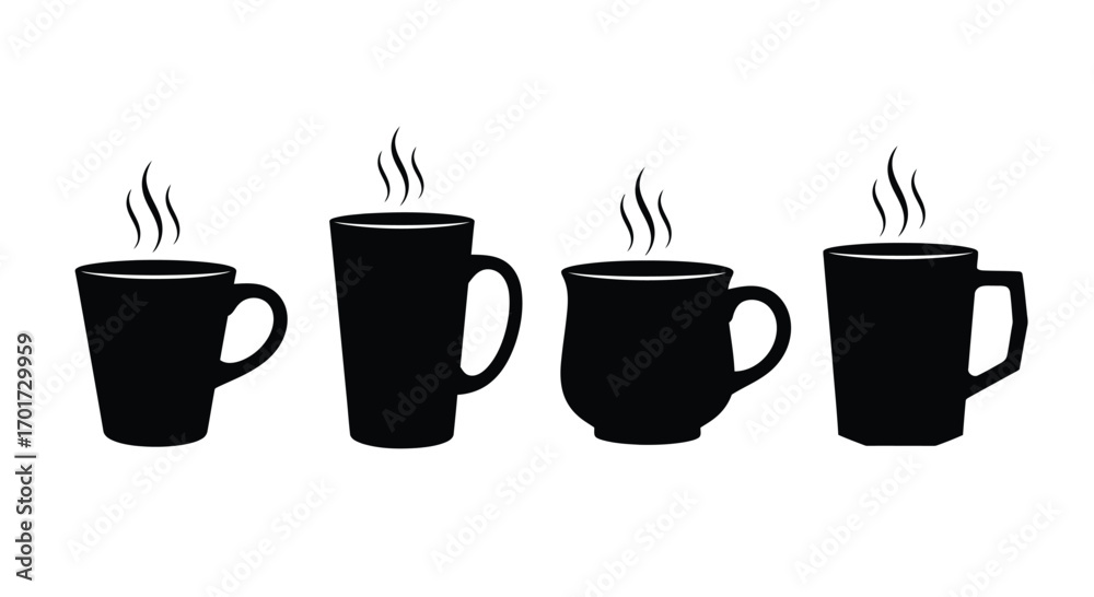 Obraz premium Four black silhouette coffee mugs with steaming hot beverages for breakfast or cafe scenes vector