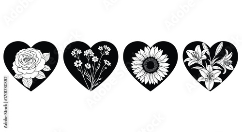 Four romantic black hearts featuring detailed floral silhouettes perfect for love and nature themes vector