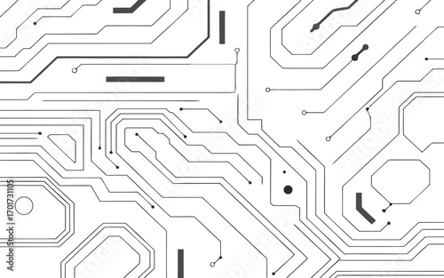 Abstract futuristic circuit board pattern with digital technology elements in a clean white background 
