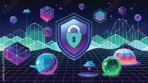 Abstract digital illustration featuring a secure lock shield representing data protection and security concepts in futuristic digital landscape.